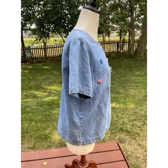 3D Vintage Floral Embroidered Denim Top L Lemon Grass Womens Y2K Button Up - Picture 8 of 9